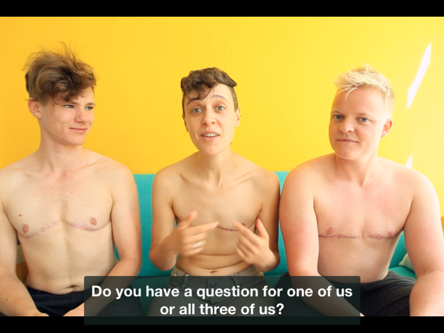 the naked truth pictures Jo in the middle with Bart and Chris on the sides, without shirt with a yellow background